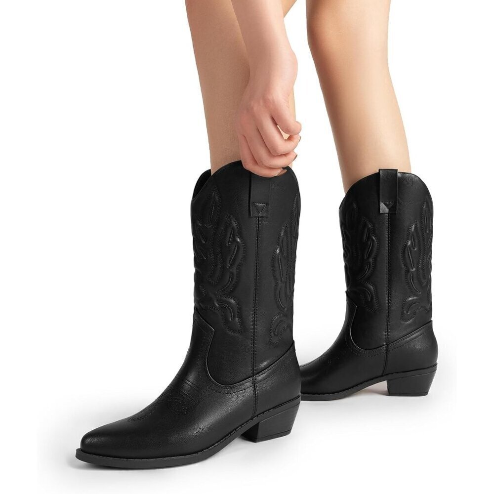 Women's Black Mid Calf Western Embroidery Stitched Faux Leather Cowgirl Boots - Picture 7 of 8